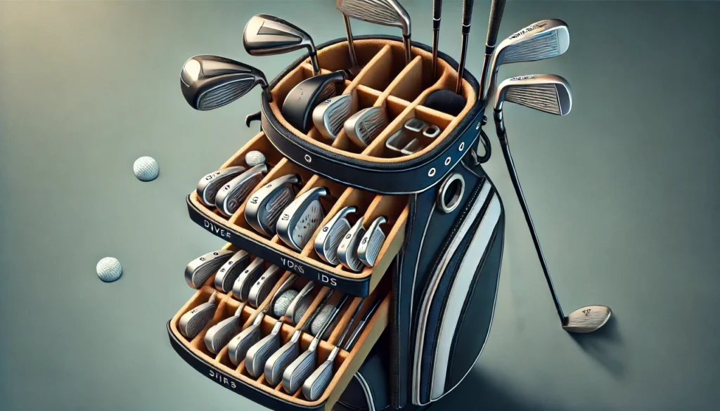 How do you arrange golf clubs in a 14-divider cart bag?